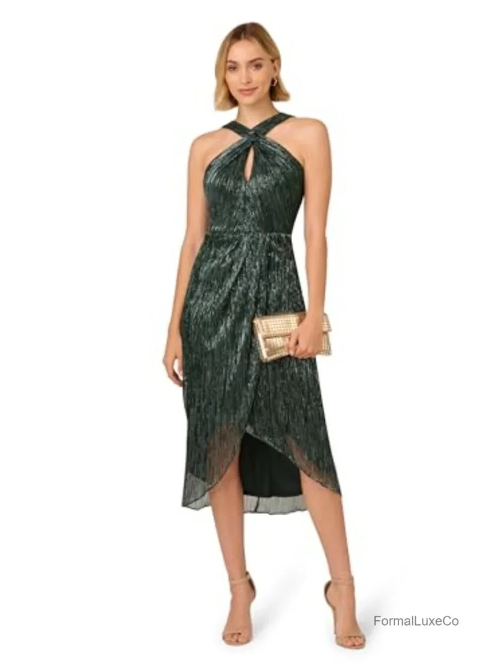 Halter Crinkle Metallic Midi Dress Formal Evening Sequin